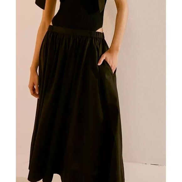 Free People Dresses & Skirts - Free People Free-Est Lowen Midi Skirt Swingy Billowy Cotton Black M New 283906